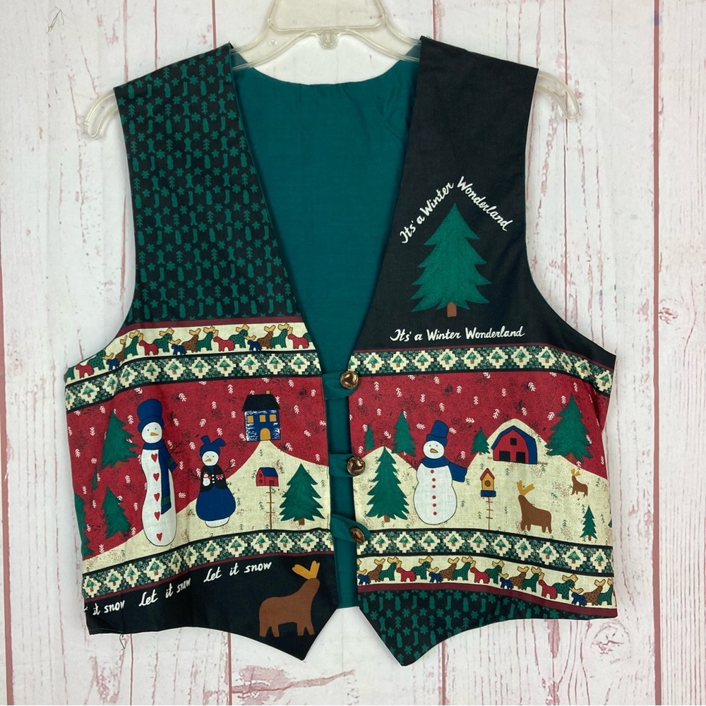 Handmade Christmas Vest L Large Button Snowman Winter Wonderland Lightweight ~